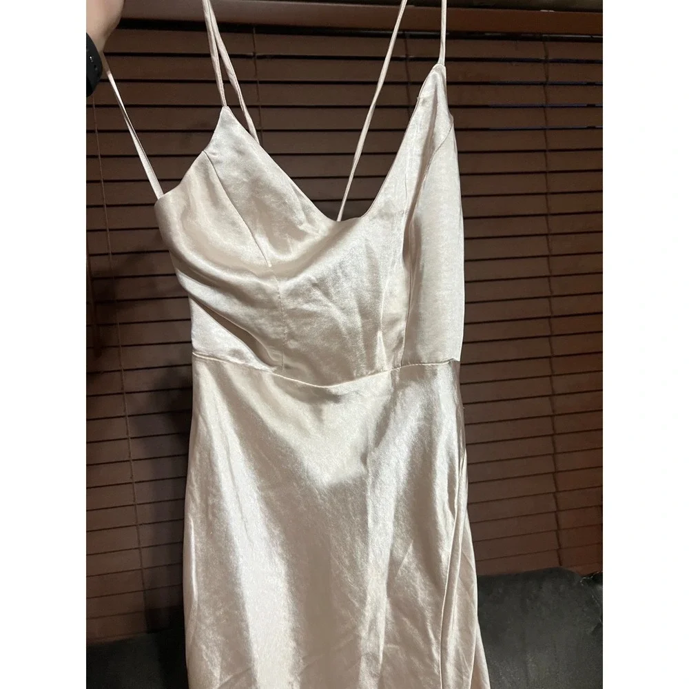 Here Comes the Sun Satin Slip Midi Evening Dress Cowl Neck Tie Back Champagne XS